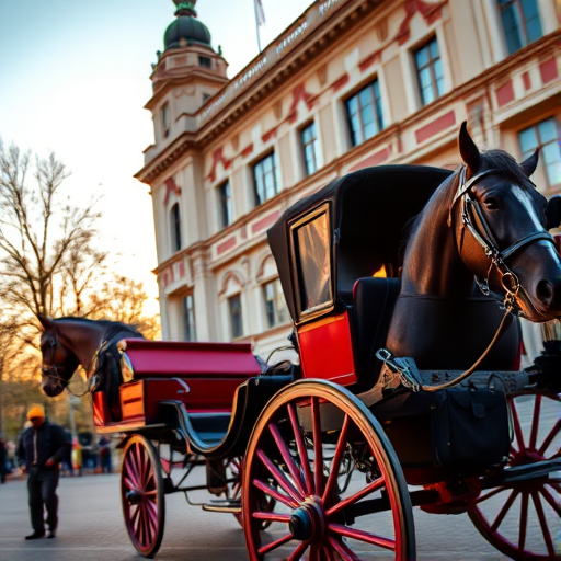 Regenerate the image of a horse-drawn carriage in front of a historic building during golden hour, focus on vibrant colors and fine details, using a DSLR camera with a 35mm lens, aperture f/2.8, ISO 100, shutter speed 1/250 sec, capturing a wide-angle view with soft background bokeh.
