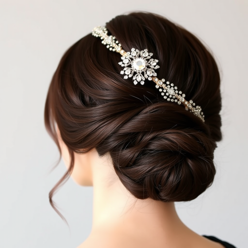 Elegant low chignon in chocolate brown, adorned with a vintage-inspired jeweled headband and soft tendrils, perfect for a timeless black-tie affair