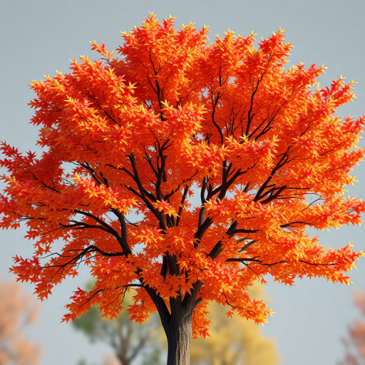 Generate a highly detailed 3D render of a realistic tree with autumn foliage, use a DSLR camera with a 50mm lens, aperture set to f/2.8, ISO 100, shutter speed at 1/200s, and a shallow depth of field to enhance image quality.