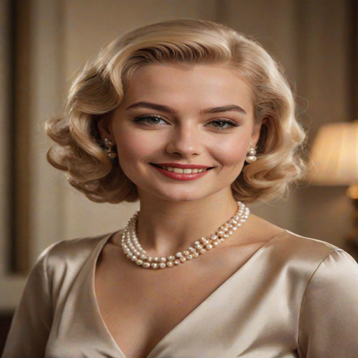 A beautiful Georgian woman reminiscent of 1950s Hollywood glamour, with perfectly styled blonde hair and a seductive smile, dressed in a satin blouse and adorned with pearls, soft and warm tones, photorealistic, 8K