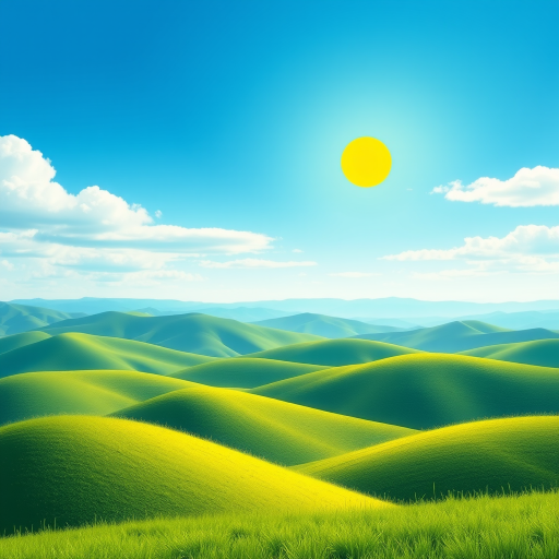 Create a vibrant landscape illustration with a clear blue sky, a bright yellow sun, and rolling green hills, using a DSLR camera with a 50mm lens, f/8 aperture, ISO 100, and a wide-angle view.