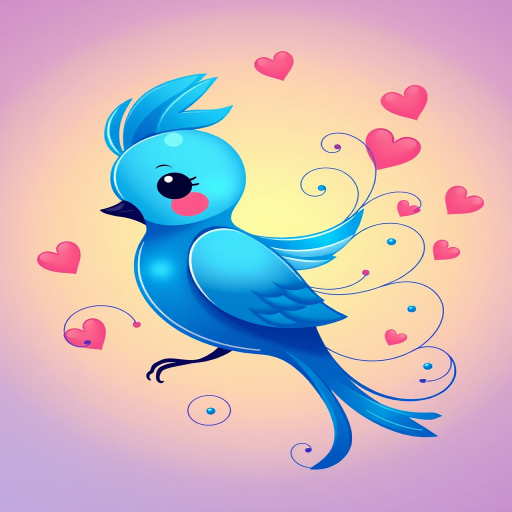 Create a digital illustration of a stylized blue bird with flowing lines and whimsical swirls, surrounded by floating hearts in a soft gradient background, using a Canon EOS 5D Mark IV with a 50mm f/1.8 lens, aperture set to f/2.8, ISO 100, and shot in high-resolution mode for vivid colors and enhanced details.