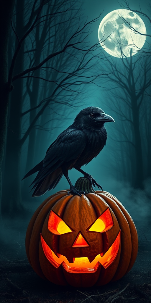 A raven perched on a carved pumpkin with a sinister grin glowing from within surrounded by a dark forest and misty moonlight creating an eerie atmosphere.
