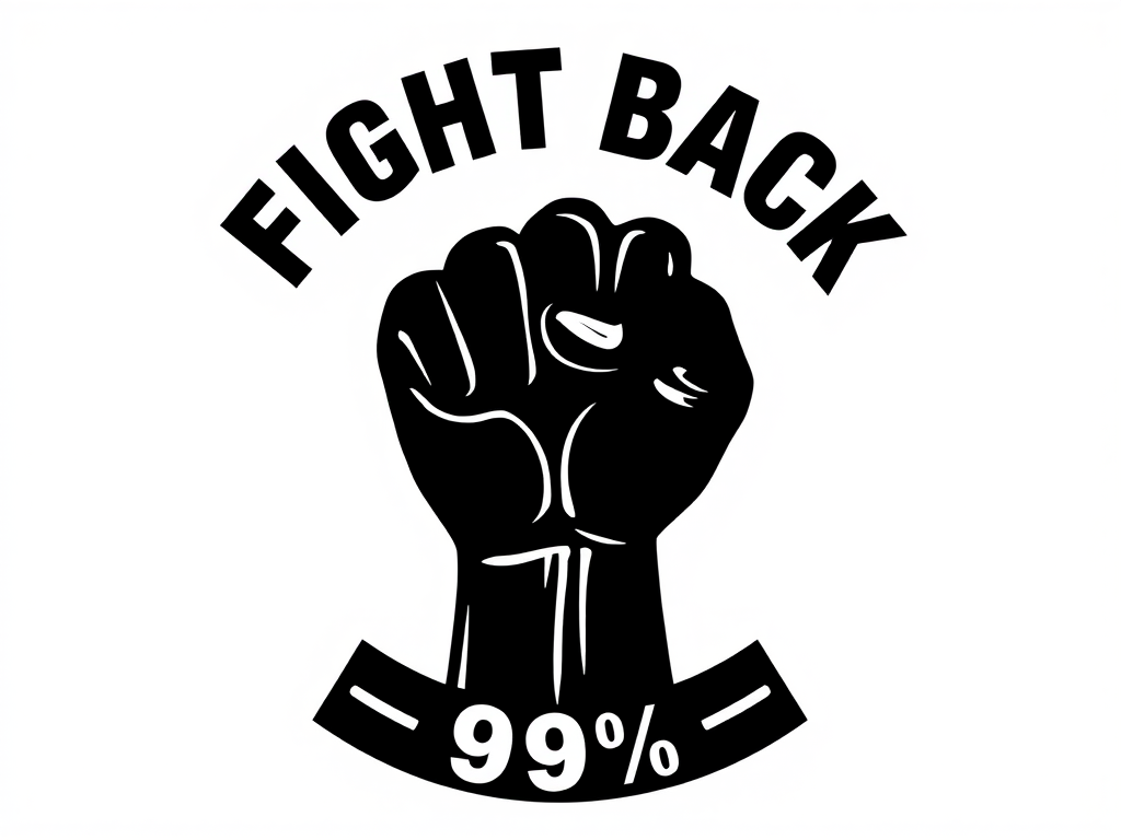 Create a high-contrast black fist logo with stylized text "FIGHT BACK" above and "99%" below, using a Canon EOS R5 camera with a 50mm lens, setting aperture to f/2.8 for depth of field and a shutter speed of 1/200s, in a clean studio setting with soft lighting to enhance image quality.