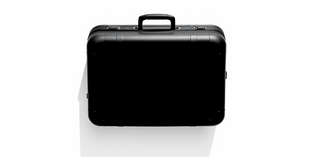Generate a high-quality vector image of a simple black silhouette of a suitcase centered on a white background, using a Canon EOS R5 camera, 50mm lens, f/4 aperture, ISO 100, and a top-down view with natural lighting.