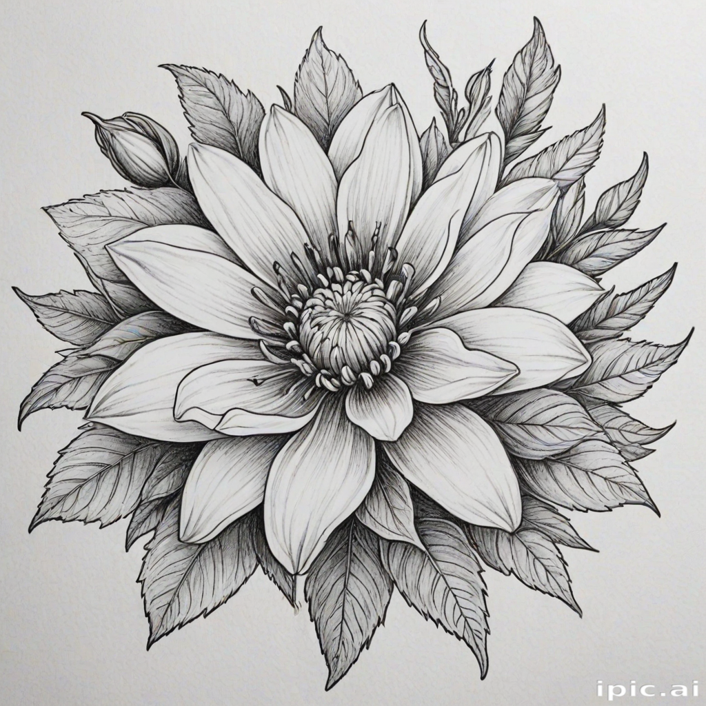 Intricate Black and White Illustration of a Beautiful Flower with Leaves