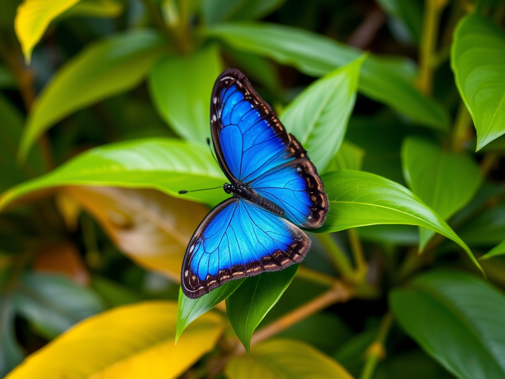 Generate an image of a vibrant blue butterfly perched on lush green leaves in a tropical setting, capturing the intricate patterns on its wings and the rich textures of the foliage around it.