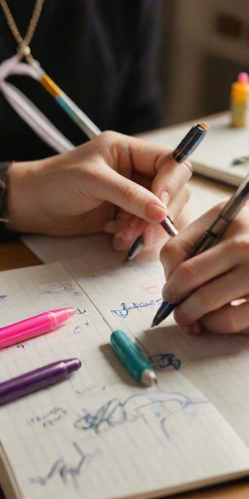 Close-up of a woman’s hands journaling in a beautiful notebook, surrounded by colorful pens and markers, with soft light illuminating her creative thoughts.