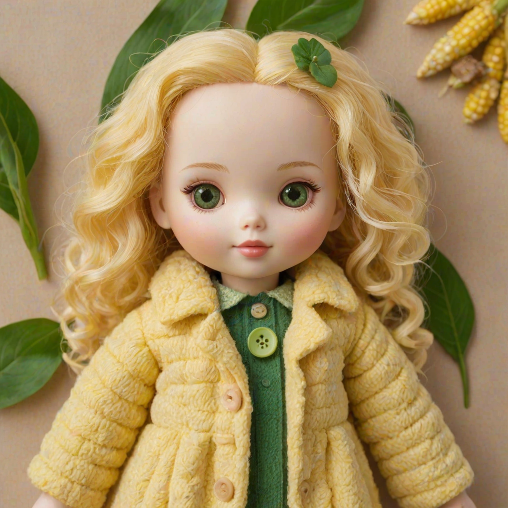 A cute doll resembling a *cereal*, dressed in a fluffy yellow coat that mimics the texture of corn kernels. The doll has soft, closed eyes and light blonde hair, adorned with green leaves and a yellow button at the collar. The background is a soft beige to complement the colors of the doll, and the overall style is whimsical and pastel, emphasizing a cozy, huggable appearance.
