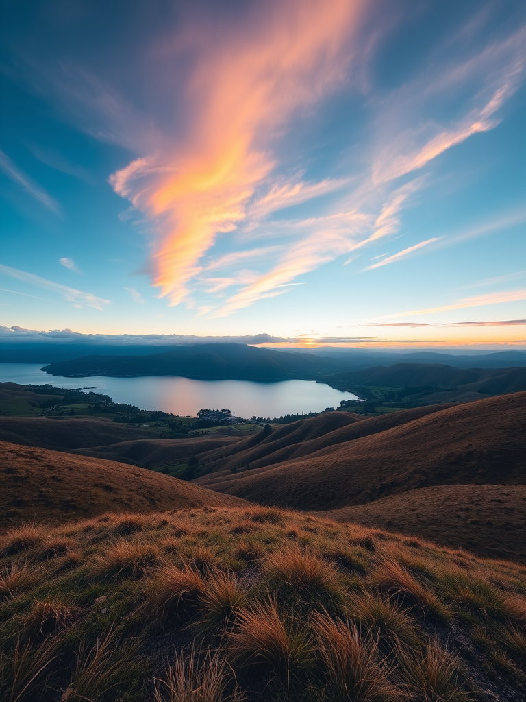 Create an image of a serene landscape with rolling hills and a tranquil lake at sunset, captured with a DSLR camera, 50mm lens, aperture f/2.8, ISO 100, 1/60s shutter speed, wide-angle view for an expansive scene.
