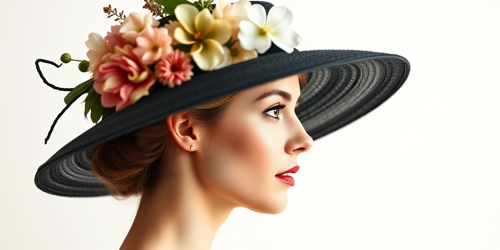 Create a vintage portrait of a woman in profile wearing an elegant hat adorned with flowers, shot with a Canon EOS R, 50mm f/1.8 lens, aperture at f/2.8, ISO 100, natural soft lighting, and a clean white background for enhanced contrast and detail.