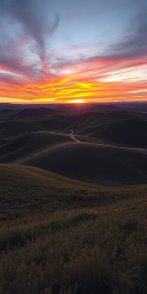 Generate an image of a serene landscape featuring rolling hills and a vibrant sunset with deep oranges and purples in the sky, using a Canon EOS R5 camera with a 24-70mm f/2.8 lens, aperture set to f/8, ISO 100, shutter speed 1/250 sec, shot from a low angle to capture depth and enhance details.