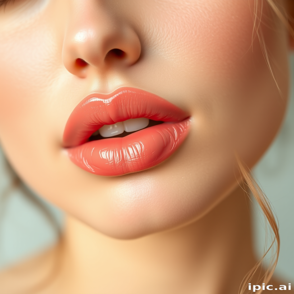 Soft peach woman lips with dewy finish, enhancing natural beauty and creating a fresh, youthful appearance