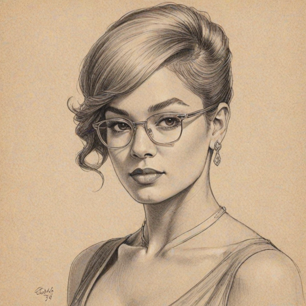 Dazzling Ne-Yo, pencil sketch, portrait of Elegant woman 1922s in glasses, hair style beatnik, outline, clear lines, fine lines, 8k