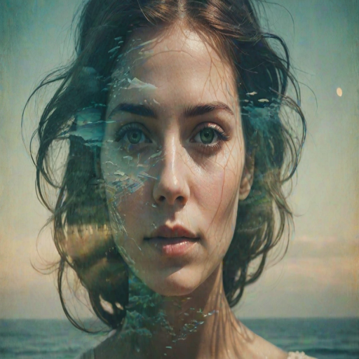 this picture is Book cover, A surreal double exposure portrait that blends a woman's face with a beautiful seascape. The overall mood is dreamy and mystical, with rich colors and intricate details