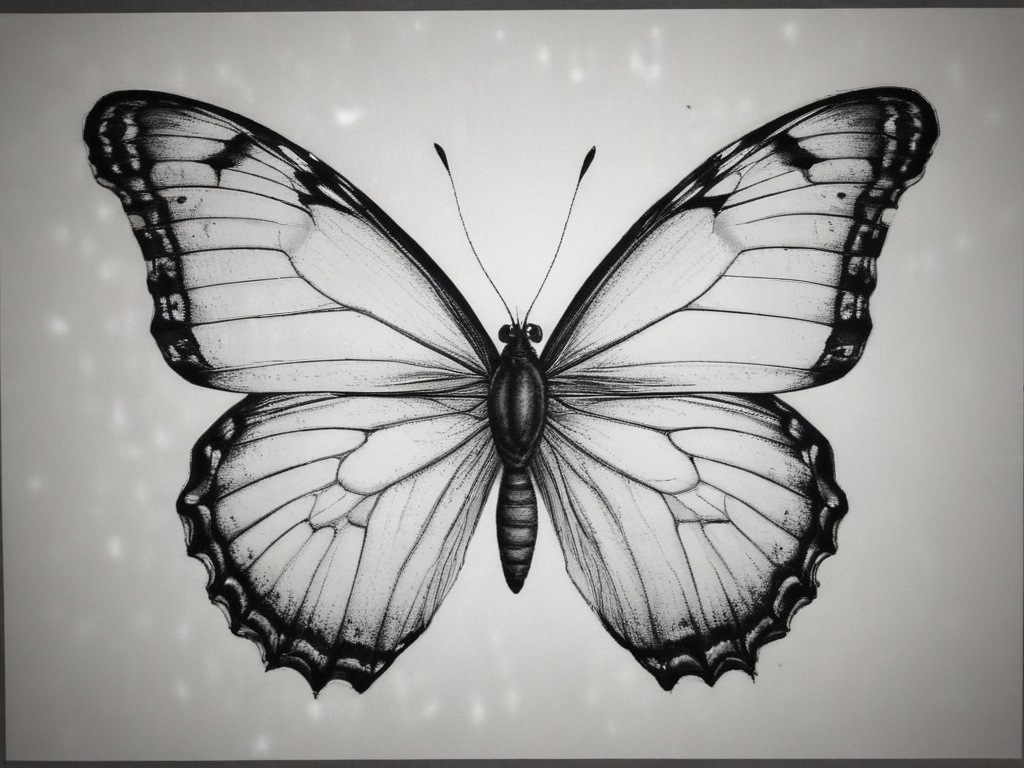 Intricate Black and White Illustration of a Beautiful Butterfly in Flight