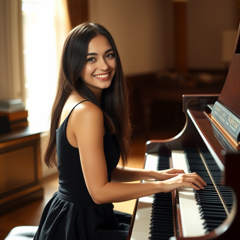 A young woman with long, dark hair smiles at the viewer as she sits at a grand piano, her right hand poised over the keys. The scene is lit by warm, natural light, highlighting the elegant simplicity of the woman's black dress. The perspective is from the side, emphasizing the contrast between the woman's delicate form and the grand scale of the piano. The ivory keys and dark wood of the piano create a striking visual contrast, further emphasized by the rich black of her dress.