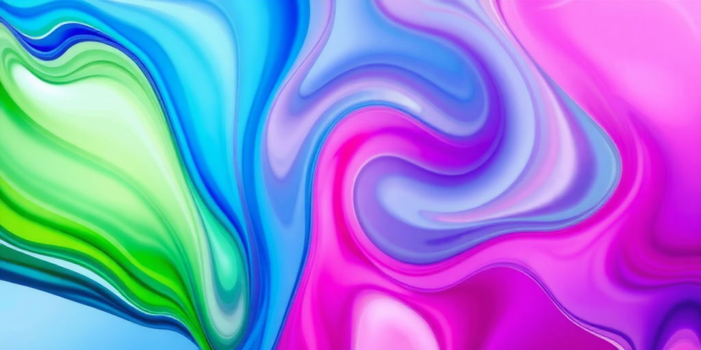 Create an abstract image featuring dynamic flowing colors in vibrant hues of blue, green, pink, and purple, using a DSLR camera with a 50mm lens, aperture f/1.8, ISO 100, and a soft focus technique to enhance the luminosity and texture of the colors.