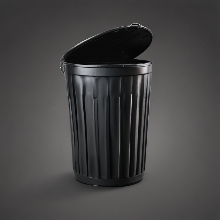 Modern Black Trash Can with Open Lid Against a Dark Background