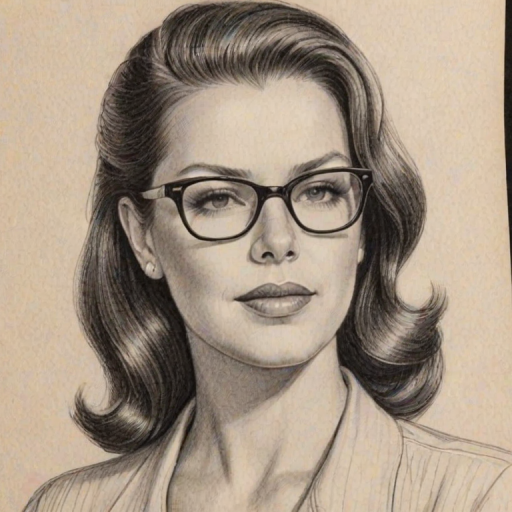 Attractive Marsha Gay Harden, pencil sketch, portrait of Exquisite woman 1948s in glasses, hair style beatnik, outline, clear lines, fine lines, 8k