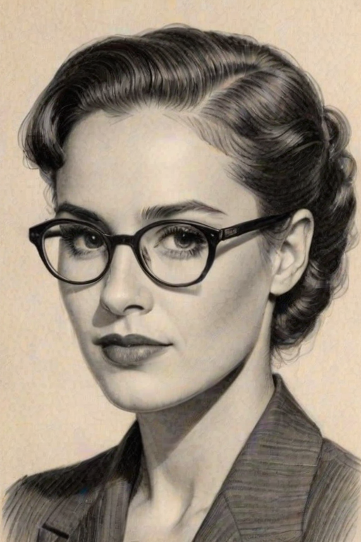 Splendid Eden Espinosa, pencil sketch, portrait of Splendid woman 1937s in glasses, hair style beatnik, outline, clear lines, fine lines, 8k