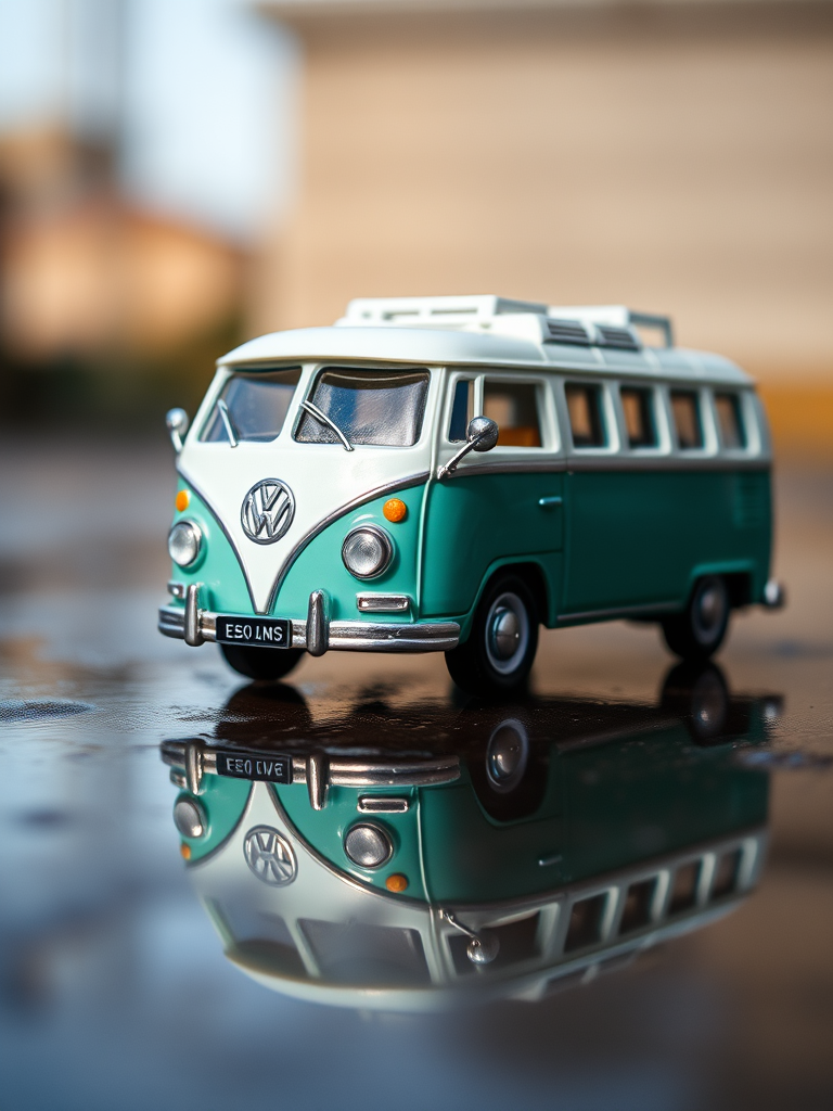 Volkswagen bus toy parked on a wet surface with reflection, soft natural lighting, portrait orientation, 50mm lens, aperture f/2.8, ISO 100, shutter speed 1/200s, DSLR camera.