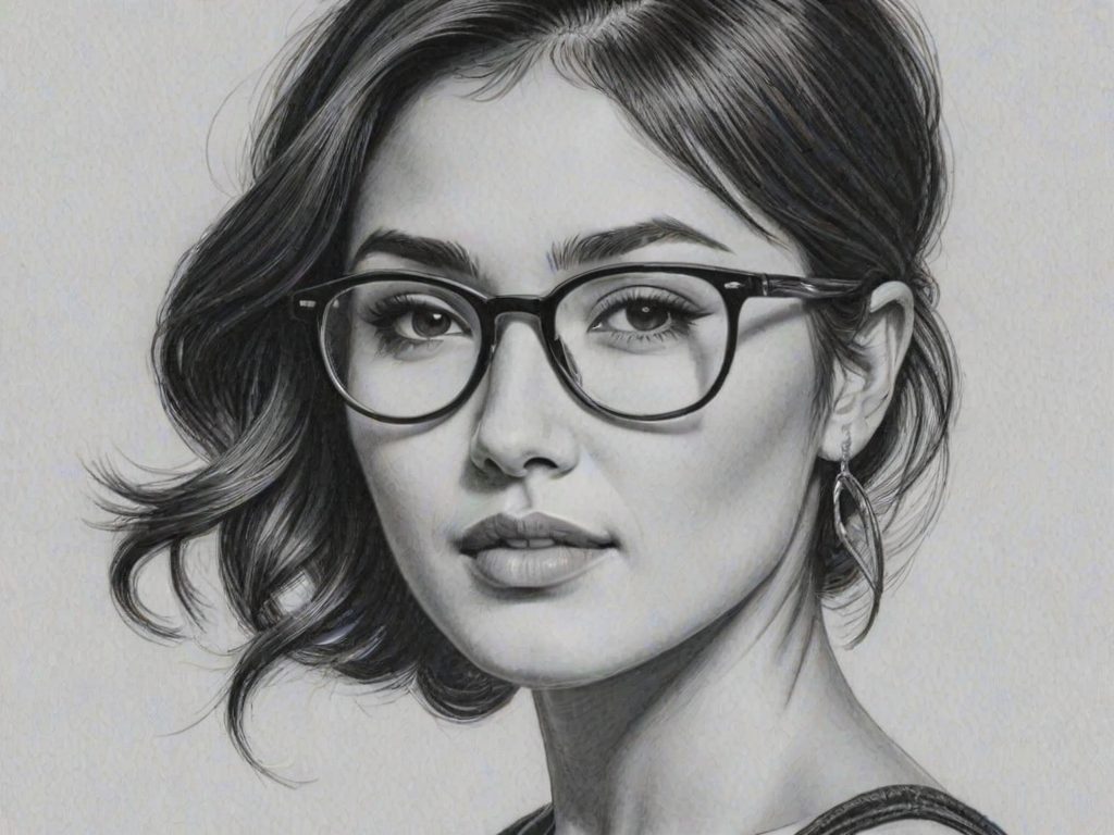 Stunning Daniella Pineda, pencil sketch, portrait of Ravishing woman 1951s in glasses, hair style beatnik, outline, clear lines, fine lines, 8k