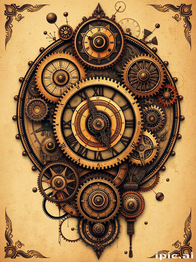 Steampunk-inspired tattoo artwork called "Clockwork Dreams" featuring intricate gears cogs and mechanical elements combined with Victorian-era motifs rendered in rich sepia and copper tones