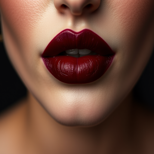 Seductive woman lips painted in deep burgundy matte, rich and velvety texture, slightly parted, exuding mystery and allure