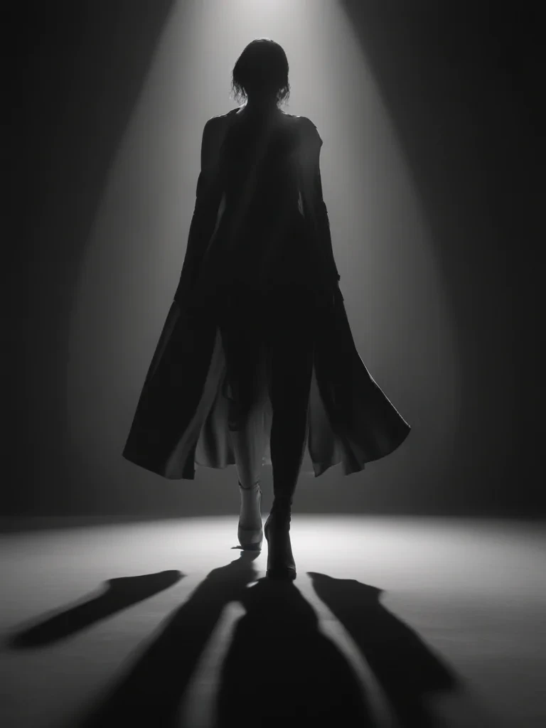 Silhouetted Figure Dramatically Emerging from Shadows in a Spotlight