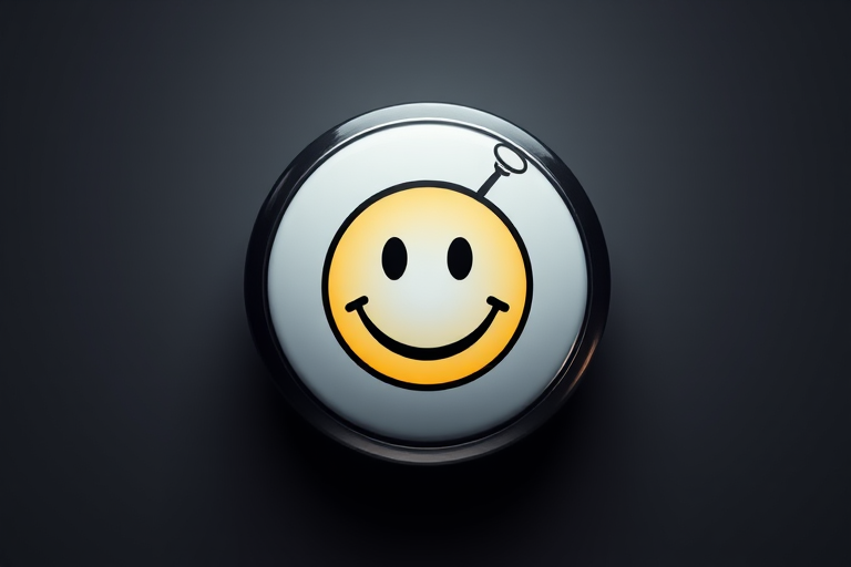 Create a high-resolution image of a circular button featuring a smiley face logo with a satellite antenna, using a 50mm lens, f/1.8 aperture, 1/200 sec shutter speed, ISO 100, shot from a front view with soft diffused lighting in a studio setting.