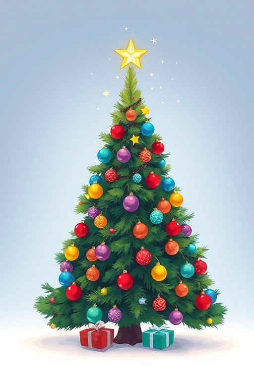 Create a vibrant and colorful illustration of a Christmas tree adorned with multicolored ornaments and a bright star on top, captured with a DSLR camera at f/4 aperture, 24mm focal length, ISO 100, in a well-lit studio setting for enhanced clarity and detail.