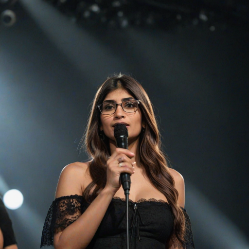 mia khalifa with long, flowing brown hair is standing in the center of the frame, holding a microphone in her right hand, and looking slightly off to the right side of the frame. She is wearing a black, off-the-shoulder dress with delicate lace detailing. The lighting is warm and dramatic, creating a spotlight effect on the singer. There are other figures in the background, blurred and out of focus, suggesting a concert or performance setting. The camera angle is low, capturing the woman from the waist up. The overall atmosphere is intimate and captivating.