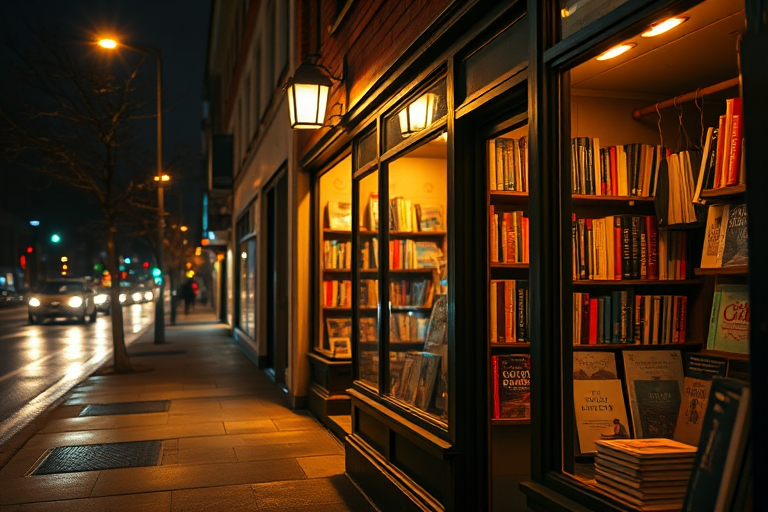 Warmly lit image of a small bookstore at night, soft light from the windows illuminating shelves of books, with a cozy reading nook visible in the background and soft reflections of streetlights on the wet sidewalk.