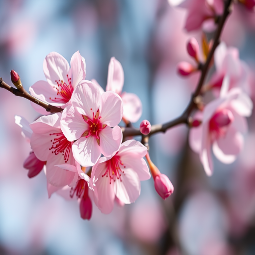 high-resolution close-up of pink cherry blossoms on a branch with soft-focus background, f/2.8 aperture, 1/200s shutter speed, ISO 100, 50mm lens, DSLR camera, natural light