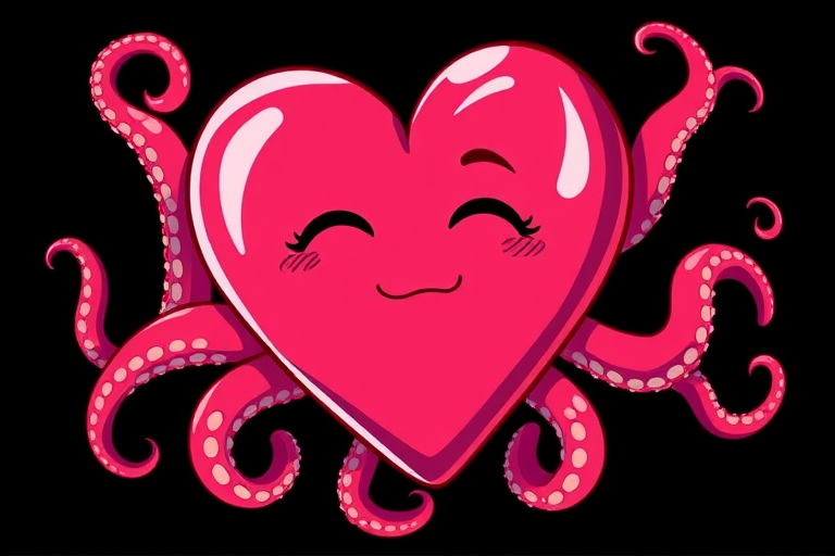 A vibrant, cartoon-style illustration of a heart with octopus tentacles, playful colors, high contrast, with a black background, shot with a Canon EOS 5D Mark IV, 50mm lens, f/2.8 aperture, ISO 100, natural lighting, close-up view.
