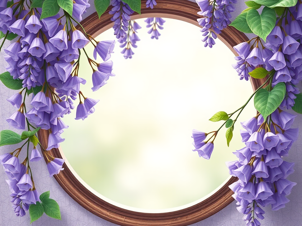 create an illustration of a circular frame with delicate purple wisteria flowers on one side, using a macro lens at f/2.8, ISO 100, 50mm focal length, soft natural lighting, high-resolution digital illustration, top-down view