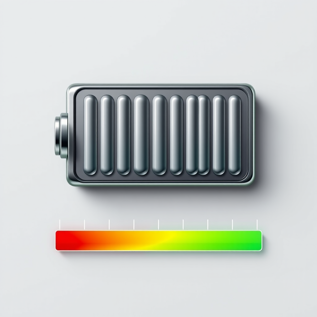 Create a highly detailed illustration of a rectangular battery with evenly spaced vertical lines representing cells, positioned above a color gradient scale from red to green indicating charge levels, using a Canon EOS 5D Mark IV camera with a 50mm f/1.8 lens, aperture set to f/2.8, ISO 100, shooting at a slight overhead angle to capture depth and clarity.