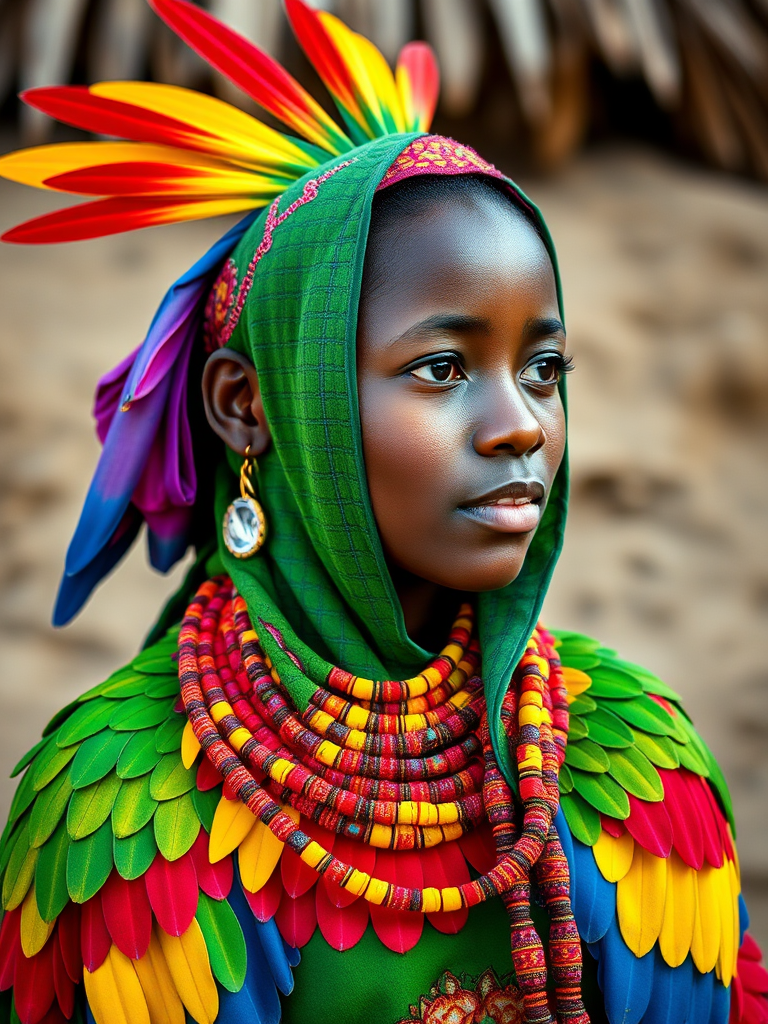 A beautiful Garifuna girl, wearing colorful bird clothing with vibrant colors