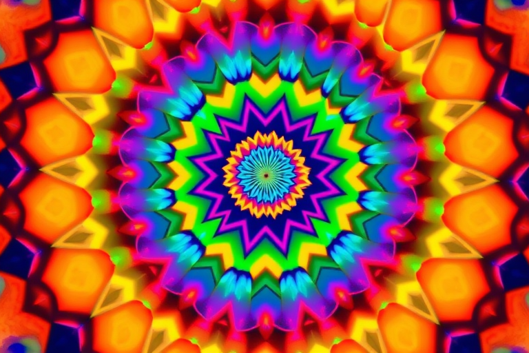 Generate a vibrant, kaleidoscopic spiral pattern with rainbow hexagons radiating from the center, using a DSLR camera with a 50mm lens, f/2.8 aperture, ISO 100, and a top-down view for enhanced clarity and color depth.