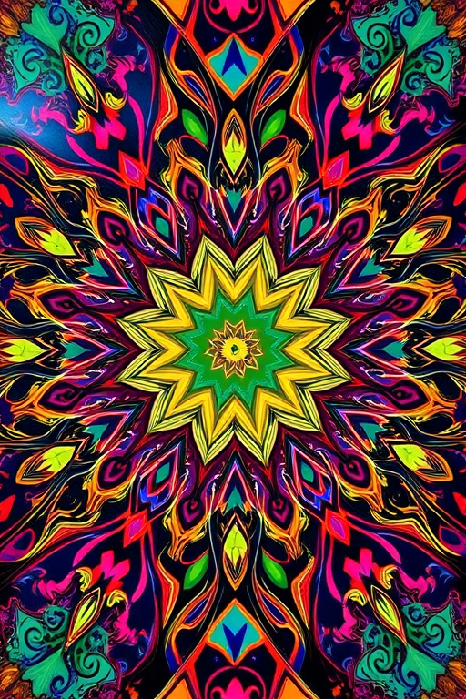 Generate a high-resolution image of an abstract design with vibrant colors and intricate patterns, using a DSLR camera with a 50mm lens at f/1.8, ISO 100, and a shutter speed of 1/200s, captured from a top-down view for a dynamic perspective.