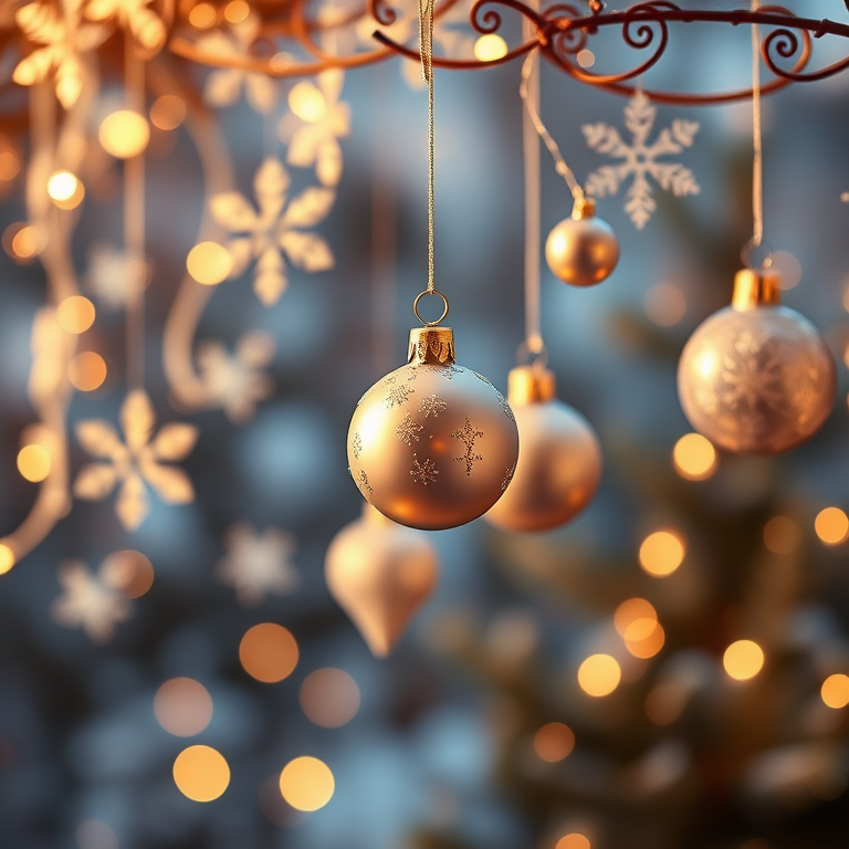 Generate a festive background featuring softly glowing golden lights, delicate white snowflakes, and elegant Christmas ornaments. The scene should evoke a warm and magical holiday atmosphere, with a gentle bokeh effect to enhance the dreamy quality. Include a mix of ornament shapes and sizes, suspended in a graceful arrangement.