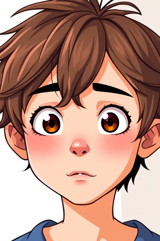 Create a high-resolution cartoon-style illustration of a young person with short, messy brown hair and expressive eyes, using a Canon EOS 5D Mark IV with a 50mm lens, aperture f/1.8 for a shallow depth of field, ISO 100 for clarity, shot in natural soft lighting.