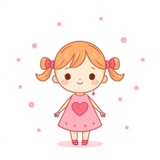 Create an illustration of a cute cartoon girl with a simple round face, wearing a pink dress with a heart, styled with two playful pink bows in her pigtails, set against a white background with scattered pink polka dots, captured using a digital art style with a soft, pastel color palette, in high resolution at a 16:9 ratio, with a clean, minimalistic aesthetic.
