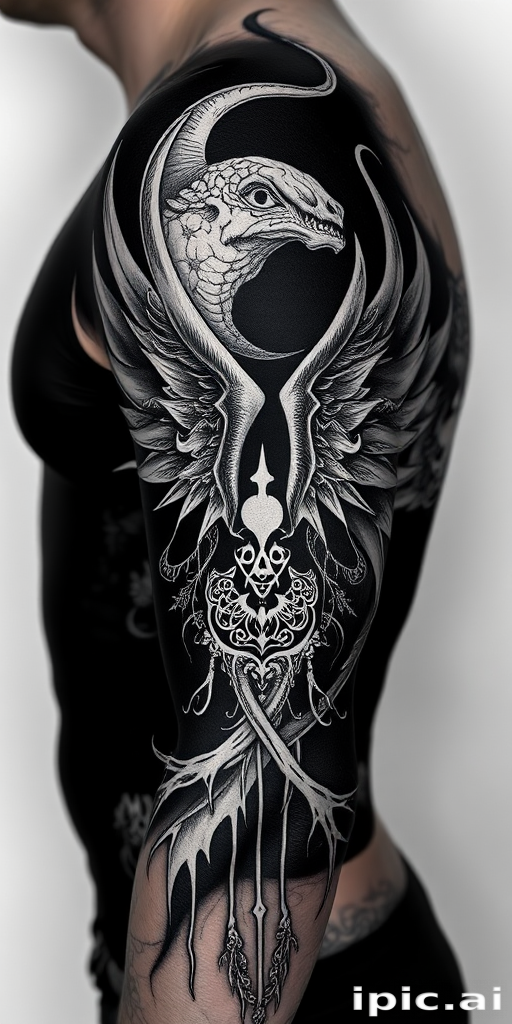 Blackout tattoo named "Void Embrace" featuring large areas of solid black ink with intricate white ink designs etched on top, creating a striking contrast and unique reversal of traditional tattoo aesthetics
