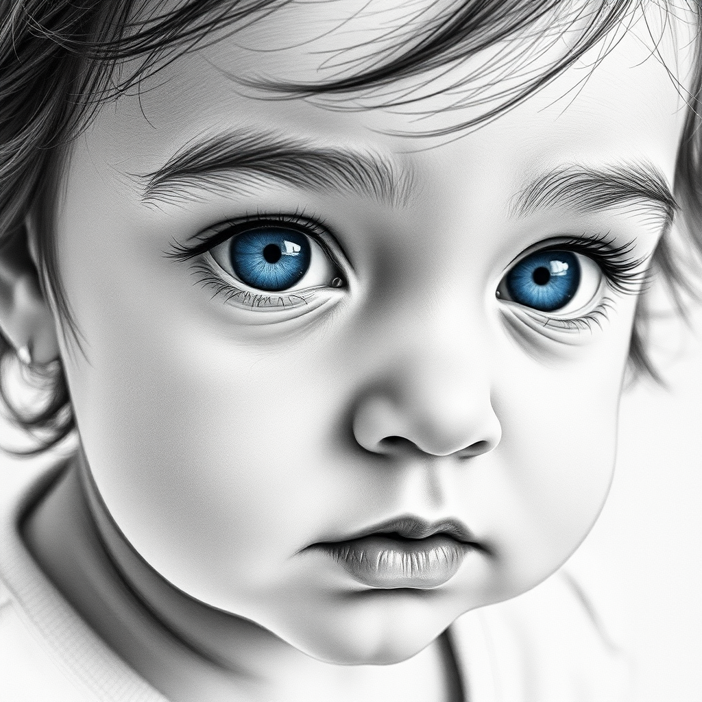 A hyperdetailed photorealistic black and white sketch of a beautiful toddler with deep blue eyes, with a macro focus