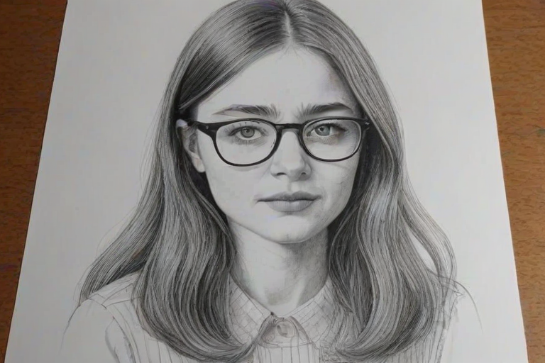 Gorgeous Jessica Barden, pencil sketch, portrait of Splendid woman 1978s in glasses, hair style beatnik, outline, clear lines, fine lines, 8k