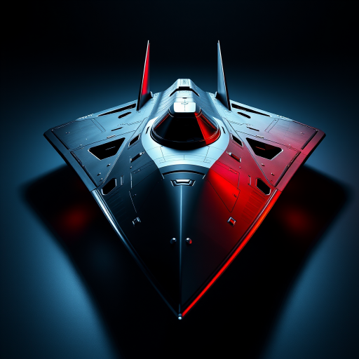 futuristic stealth spaceship design with sharp angles and a sleek surface, dramatic lighting with shadows, 35mm lens, f/2.8 aperture, ISO 100, shot from a low angle to emphasize the ship's scale, high dynamic range for enhanced detail and color saturation, 3D render style