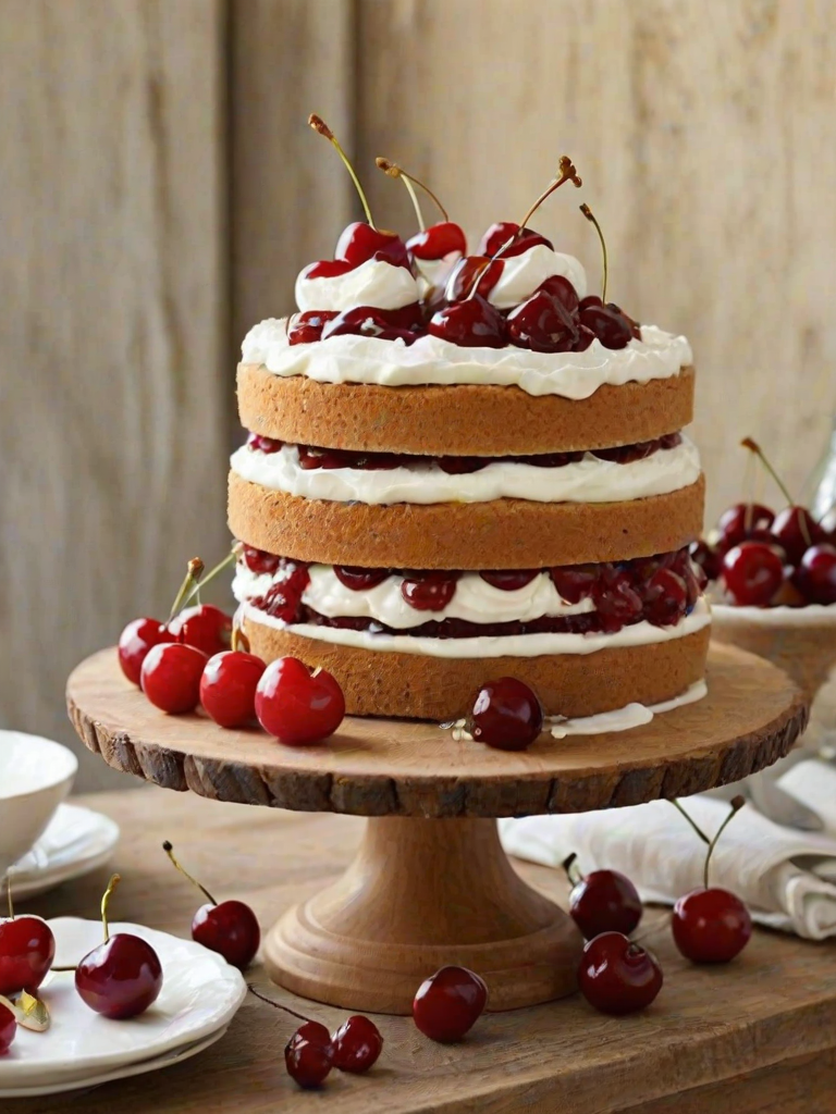 Create an image of a delicious layered cake on a wooden cake stand. The cake should have a light-colored sponge with a visible filling of cherry jam and be frosted with cream. Decorate the top with fresh cherries and a subtle rustic background that enhances the cake's appearance. Include a couple of small bottles of milk nearby for a cozy touch.