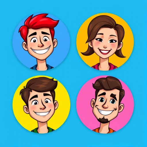 Create an image of four cartoon-style characters in circular frames, showcasing diverse facial expressions: a male with red hair smirking on a blue background, a smiling female with brown hair on a yellow background, a male with brown hair looking serious on a pink background, and a male with a mustache smiling on a purple background, set with a Canon EOS 90D, aperture f/8, ISO 100, 50mm lens, in vibrant colors with high contrast and sharp focus.